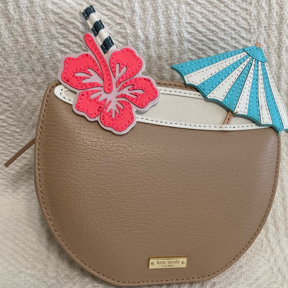 Kate Spade Tan Bag with Pink Floral and Blue Umbrella